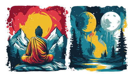 This vibrant abstract illustration showcases a meditative Buddha amid stunning landscapes, capturing the essence of tranquility and natures beauty in bold colors.のイラスト素材