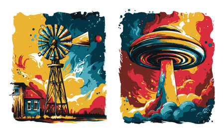 This vibrant abstract illustration features a classic windmill and a spectacle UFO in a dramatic sky, filled with rich colors and swirling clouds, creating a captivating visual contrast.のイラスト素材