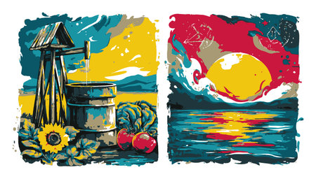 This striking abstract illustration captures the beauty of nature, featuring a rustic water well alongside a colorful sunset over a tranquil sea.のイラスト素材