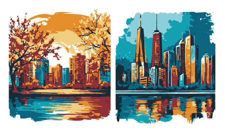 This vibrant abstract illustration showcases two contrasting cityscapes, blending nature with modern architecture, reflecting autumn beauty and urban lifestyle.のイラスト素材