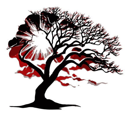 This artistic illustration features a striking silhouette of a tree, set against a dramatic red and black background, evoking emotion and creativity.のイラスト素材