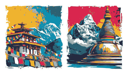 This vibrant abstract illustration captures the essence of the Himalayan landscape, showcasing a beautiful temple and stupa surrounded by majestic mountains.のイラスト素材