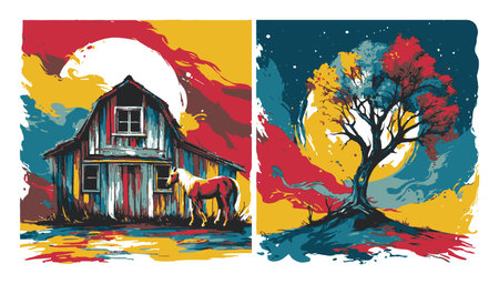 This vibrant abstract illustration showcases a rustic barn and a solitary tree, surrounded by bold colors and dynamic shapes, creating an enchanting landscape.のイラスト素材