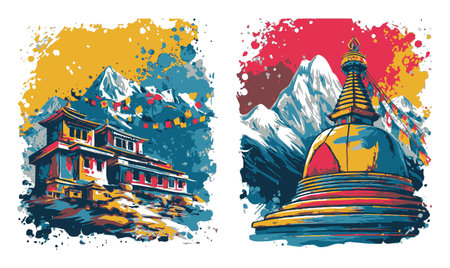 Stunning abstract illustration showcasing vibrant mountain temples and stupas in Nepal, perfect for travel enthusiasts, cultural exploration, or artistic decor.のイラスト素材
