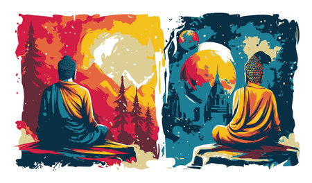 This vibrant illustration showcases a meditative Buddha figure against contrasting cosmic and natural landscapes, symbolizing tranquility and spiritual reflection through vivid colors and abstract design.のイラスト素材