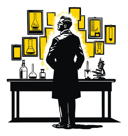 A vintage-style illustration of a scientist observing laboratory equipment and framed artwork, capturing a moment of inspiration and creativity in science.のイラスト素材