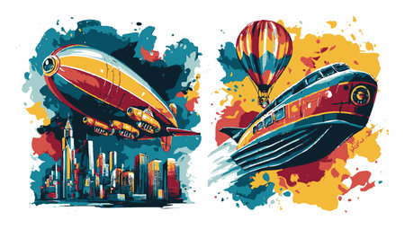 Vibrant abstract illustration showcasing airships and hot air balloons above a colorful cityscape. A blend of retro and modern aesthetics evokes adventure and imagination.のイラスト素材