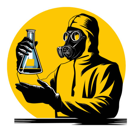A striking vector illustration of a scientist wearing a gas mask and holding a laboratory flask against a vibrant yellow backdrop, symbolizing scientific exploration and safety.のイラスト素材