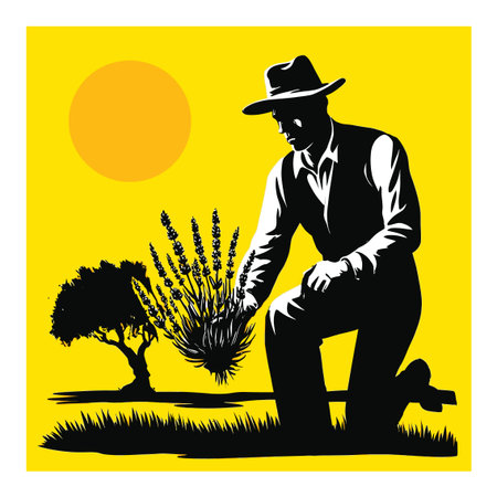 This vintage illustration features a man kneeling and harvesting lavender in a picturesque rural setting, conveying themes of nature, agriculture, and tranquility.のイラスト素材