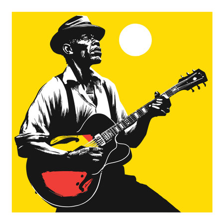 This vibrant vector illustration features a vintage musician playing an acoustic guitar under the sun. The artwork captures the essence of musical passion and cultural expression.のイラスト素材