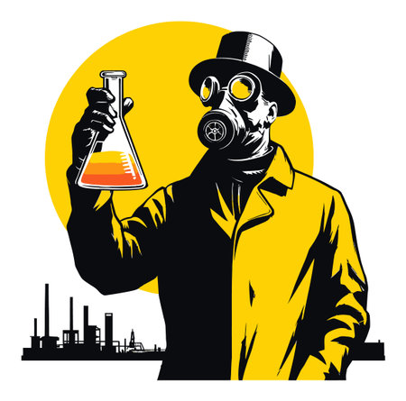 Retro-style illustration of a scientist in a gas mask holding a test tube with a vibrant yellow background, symbolizing experimentation and safety in hazardous environments.のイラスト素材