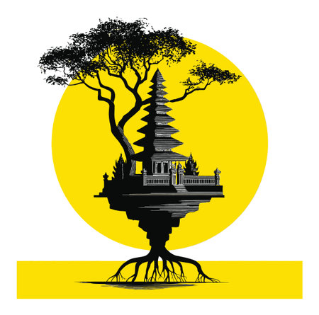 This captivating vector illustration features a fantasy island with a pagoda and a tree, set against a vibrant yellow circle, embodying tranquility and beauty.のイラスト素材