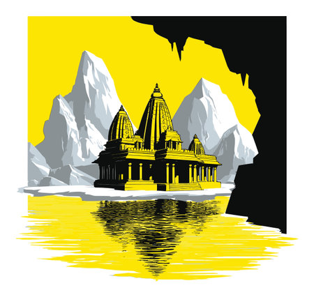 A captivating vector illustration of a majestic temple surrounded by towering mountains and reflective waters, presented in a vibrant yellow and grey palette.のイラスト素材
