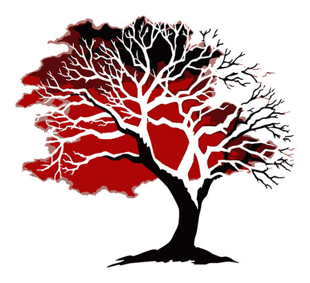 This abstract illustration features a striking tree silhouette against a bold red background, showcasing intricate branches and a unique design that captures nature's beauty.のイラスト素材