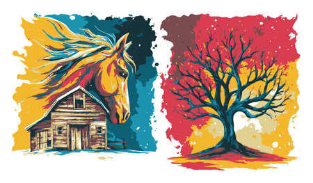 Discover a vibrant abstract illustration featuring a majestic horse and an elegant tree, showcasing creative color contrasts and artistic design elements.のイラスト素材