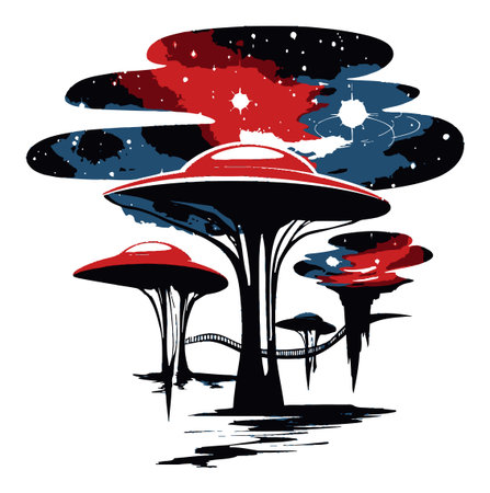 Explore a vibrant artwork depicting a futuristic landscape with alien fungi against a cosmic backdrop. Ideal for fantasy and sci-fi themes.のイラスト素材