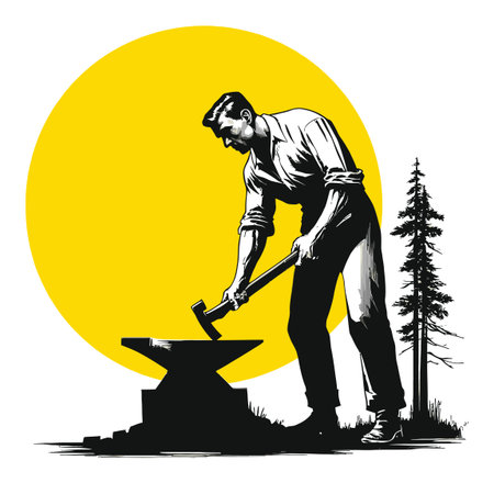 Vintage illustration features a blacksmith at an anvil against a bright sun, capturing the essence of craftsmanship and tradition in a rustic outdoor setting.のイラスト素材