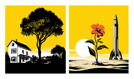 Discover a captivating retro vector illustration with a vibrant yellow background featuring a house, tree, flower, and rocket, merging nature and space themes.のイラスト素材