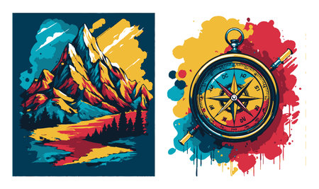 This vibrant abstract illustration features majestic mountains and a colorful compass, symbolizing adventure and exploration in nature. Perfect for travel themes.のイラスト素材