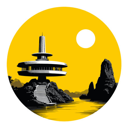 A stunning illustration of futuristic architecture set on cliffs by the water, bathed in a warm yellow background. This artwork combines modern design with serene nature.のイラスト素材