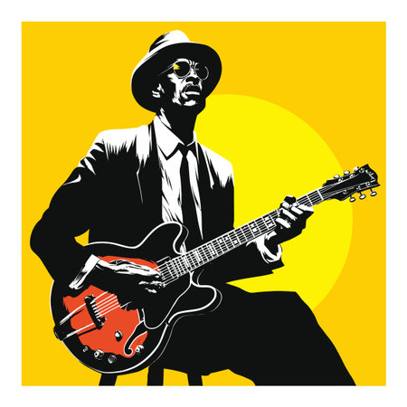 This vibrant vector illustration showcases a stylish guitar player against a bold yellow background, capturing the essence of music and artistry in a dynamic portrait.のイラスト素材