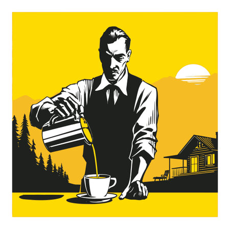 A stylish illustration of a man pouring coffee into a cup in a serene rustic setting, featuring mountains and a cozy house at sunrise, perfect for lifestyle and nature themes.のイラスト素材