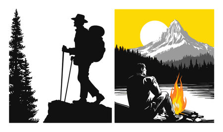 A vibrant vector illustration depicting a hiker silhouette and a serene camping scene. Enjoy the tranquility of nature and adventure. Perfect for outdoor enthusiasts.のイラスト素材