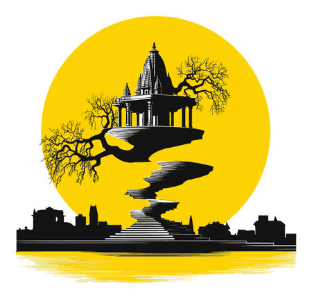 A striking surreal illustration featuring a temple landscape, set against a vibrant yellow circle. The artwork blends architecture with nature, evoking a sense of mystery and imagination.のイラスト素材