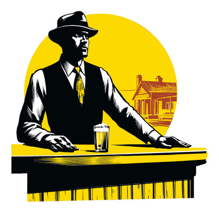 This vintage-style illustration features a man at a bar with a beer, set against a yellow backdrop and a house in the distance, evoking a nostalgic atmosphere.のイラスト素材