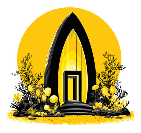 This vibrant vector illustration features an abstract yellow building surrounded by plants and balloons, creating a modern and playful atmosphere.のイラスト素材