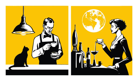 A stylish vintage illustration depicting a barista serving coffee beside a woman holding a drink, complemented by a cat on the counter and a world background.のイラスト素材