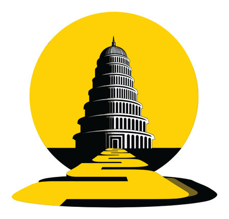 This vector illustration features a striking tower set against a vibrant yellow circle, creating a unique and eye-catching design perfect for various projects.のイラスト素材