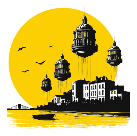 A surreal cityscape featuring floating structures above water, set against a vibrant yellow backdrop. This vector illustration captures imagination and tranquility.のイラスト素材