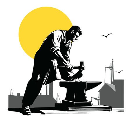 A striking vector illustration of a blacksmith working at an anvil, set against a bold yellow sun. This image captures the essence of craftsmanship and dedication to the trade.のイラスト素材