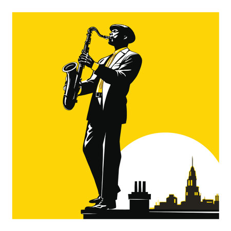 This vector illustration features a stylish musician passionately playing a saxophone against a vibrant yellow background, capturing the essence of jazz culture.のイラスト素材