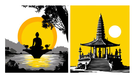 This vector illustration features a serene Buddha silhouette alongside a traditional pagoda against a vibrant yellow backdrop, embodying peace and spirituality.のイラスト素材