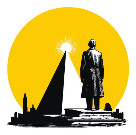 A captivating vintage-style illustration featuring a silhouette of a man standing before a large sun. This graphic presents themes of inspiration, hope, and achievement. Perfect for creative projects.のイラスト素材