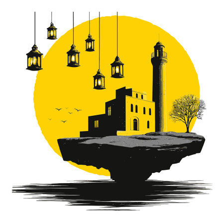 This surreal vector illustration features a lighthouse set on a floating rock under a large yellow sun, adorned with hanging lanterns and a serene tree.のイラスト素材