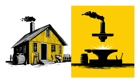 Explore a unique vector illustration featuring a rustic house alongside a traditional blacksmith forge, perfect for themes of craft, creativity, and rural life.のイラスト素材