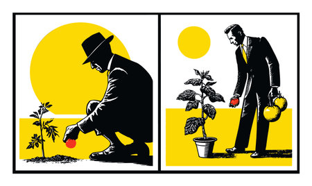 A modern vector illustration depicting a businessman planting seeds and nurturing a growing plant. This artwork symbolizes growth, development, and investment in future success.のイラスト素材