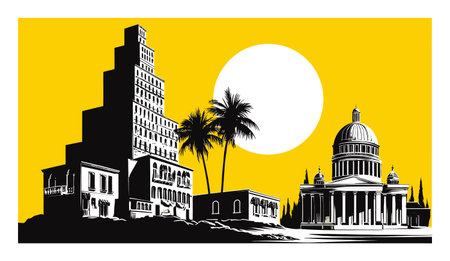 This vibrant vector illustration showcases a silhouette of iconic buildings alongside palm trees against a bright yellow sun, capturing a tropical and urban blend.のイラスト素材