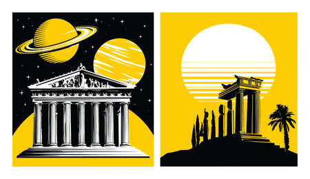 This artistic vector illustration combines elements of classic architecture with a cosmic theme, featuring a temple set against a vibrant yellow background with planets.のイラスト素材