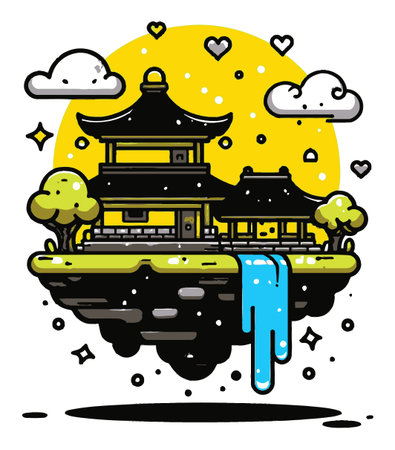A whimsical cartoon illustration featuring a floating temple surrounded by lush trees, a vibrant waterfall, and fluffy clouds. Perfect for an enchanting design!のイラスト素材
