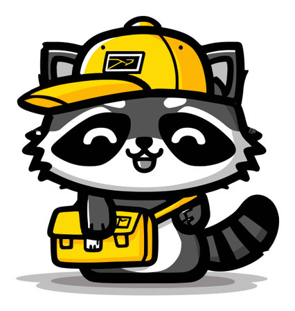 Delight in this adorable cartoon raccoon wearing a yellow cap and holding a messenger bag. Perfect for children's themes, playful designs, or fun illustrations.のイラスト素材