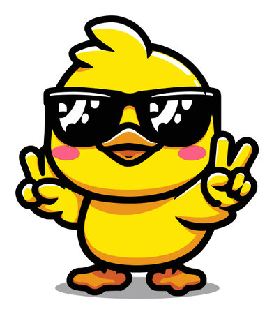 This cute cartoon chick features a vibrant yellow color, wearing stylish sunglasses and making a peace sign, capturing a playful and joyful spirit perfect for various creative projects.のイラスト素材