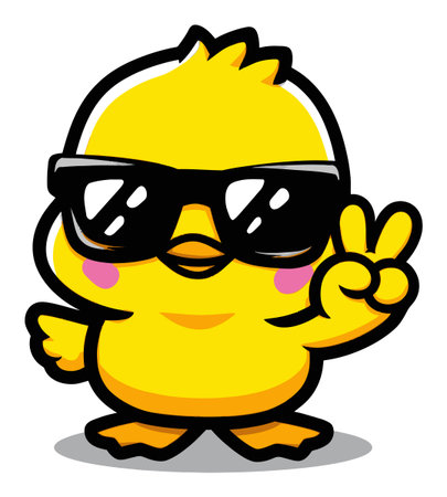 This charming cartoon chick, wearing stylish sunglasses, makes a joyful peace sign. Perfect for illustrations, designs, and fun-themed projects.のイラスト素材