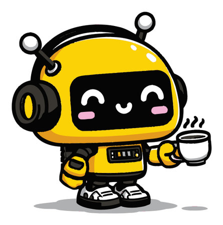 This vibrant cartoon robot features a cheerful expression while holding a coffee cup. The bright yellow color and playful design add a fun element to any creative project.のイラスト素材