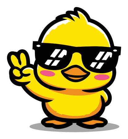 Adorable cartoon yellow chick wearing sunglasses and making a peace sign. Perfect for summer themes, children's products, and cheerful designs.のイラスト素材