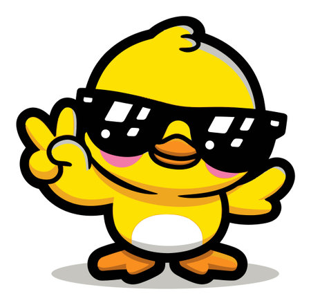 This vibrant cartoon duck character showcases a playful design, wearing sunglasses and making a peace sign. Ideal for fun and youthful themes.のイラスト素材