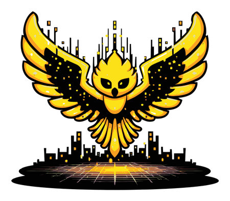 This vibrant illustration features a cartoon owl with striking yellow wings soaring above a stylized city skyline. The design combines fantasy and urban elements, making it perfect for creative projects.のイラスト素材